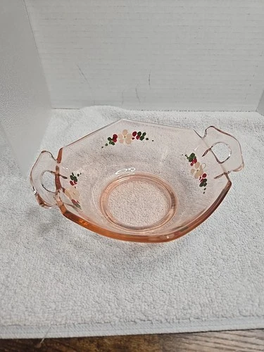 Imperial Molly Geometric Bowl Pink Depression Glass Hand Painted Design Vintage