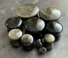 PAIR Golden Obsidian Natural Stone Double Flare Plugs Organic Earlets Gauges