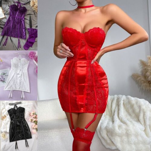 Sexy Backless Lingerie Floral Lace Sleepwear Nightdress See-Thru Babydoll Set