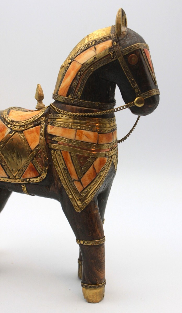 VTG Charles Marcak Wood Brass And Bone Inlay Armored Horse