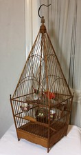 37  Vintage Chinese Square Hand Carved Bamboo Bird Cage w/Bowl Birds Nest Eggs