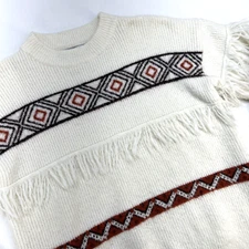 Rowdy Crowd Clothing Crew Neck Aztec Fringe Sweater Woman’s S Cream Brown Orange