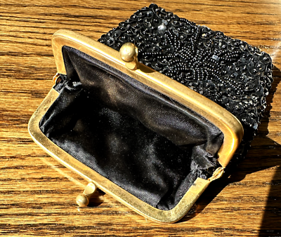 VINTAGE Black Beaded and Sequin Cigarette Pack Holder Snap Top