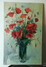 Tableau Peinture Huile Sur Toile Nature Morte Coquelicots Signée