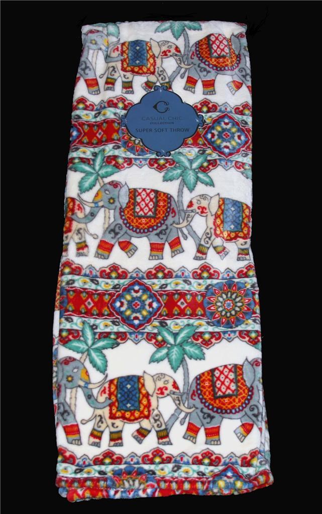 Casual Chic Bohemian Colorful Elephant & Palm Trees 50 x 70 Soft Plush Throw NWT