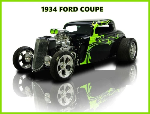 1934 Ford Coupe NEW Metal Sign: Hot Rod Restoration in Neon Green