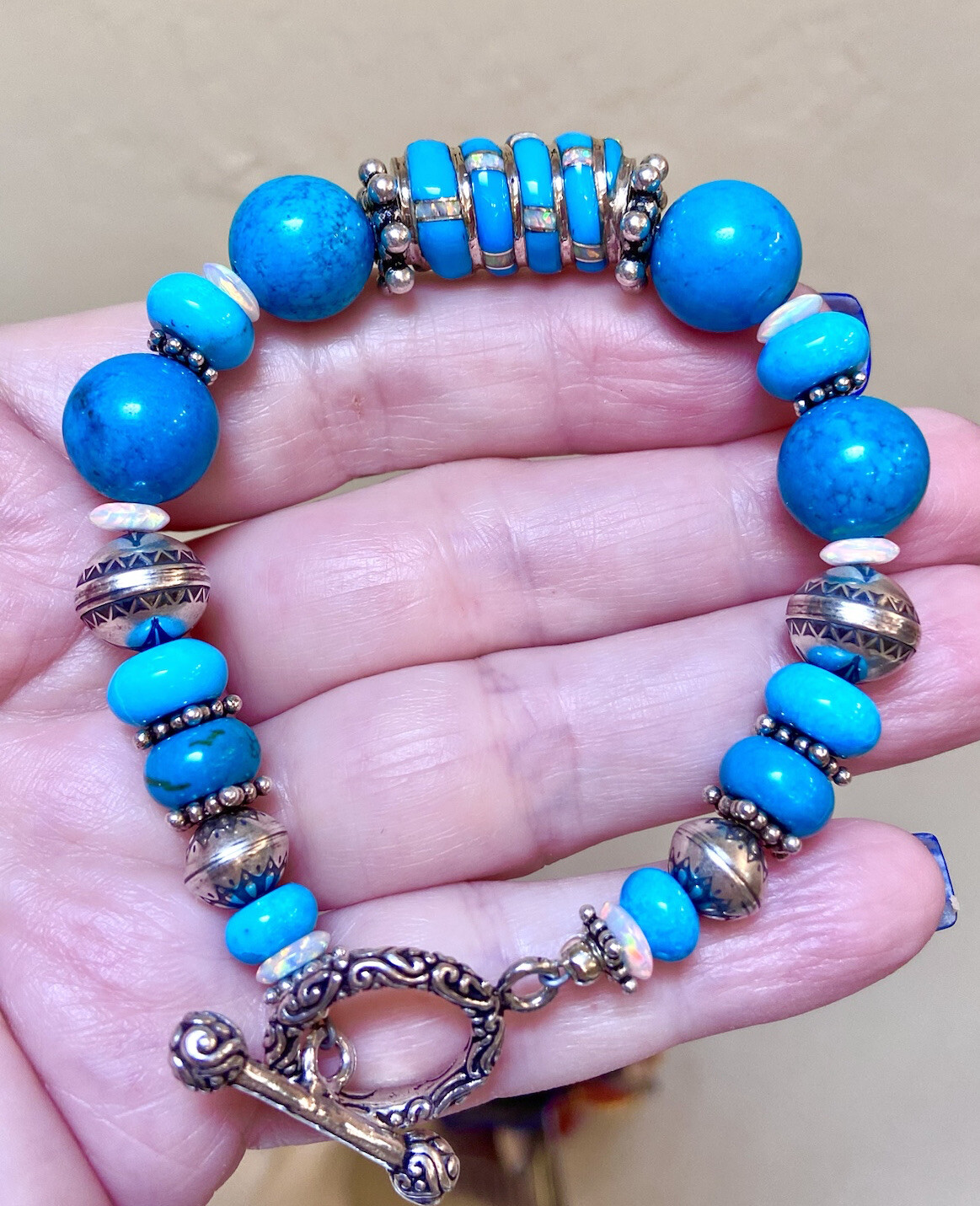 Designer Large Sterling Silver Genuine Turquoise & Opal Beaded