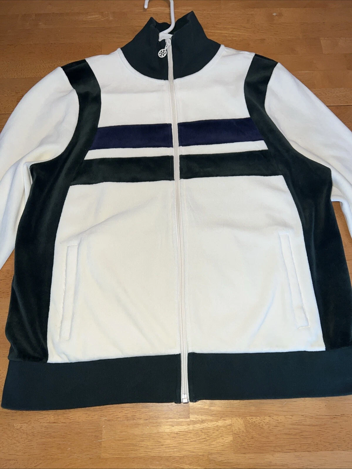 giacca da pista tory burch grande panna con righe blu e verdi