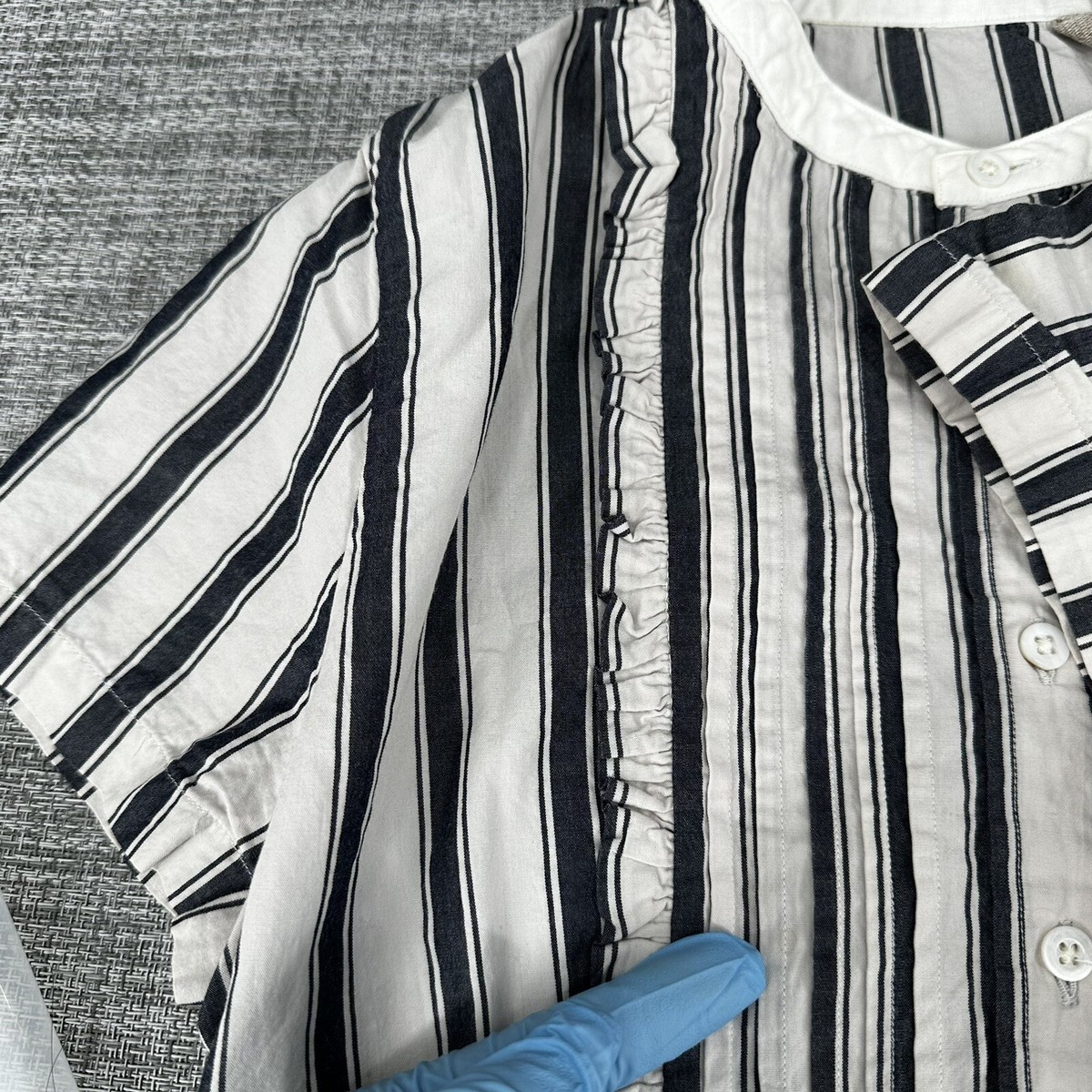 45RPM Umii 908 Japan Top Womens 1 Gray Blue Striped Ruffles