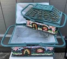 SET OF2 NESTED CHRISTMAS "PEACE ON EARTH" TEAL WICKER DOMED PICNIC BASKETS NEW