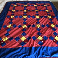 Handmade Lap Quilt Throw 45 x 55 Patchwork 9 Square Tied Lightweight Blue Red