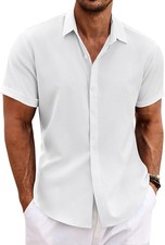 Coofandy Men's Linen Shirts Short Casual Solid Mens Sleeve Button Down Shirt for