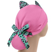 Cat Ears Scrub Hat, Ponytail Nurse Caps, Pink Surgical Hats, Leopard Theatre Cap
