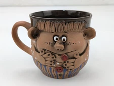 Unique Pottery Face Man Mug HANDMADE STONEWARE Tongue Out  Overalls 3.5" CUTE!