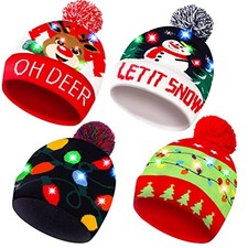 Christmas LED Light-up Knitted Beanie Hat Colorful Flashing Holiday Xmas 4 Pack