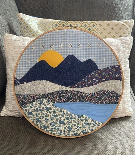 Vtg Sunrise Mountain 3D Puffed Quilted Wall Hanging in Embroidery Hoop 12”