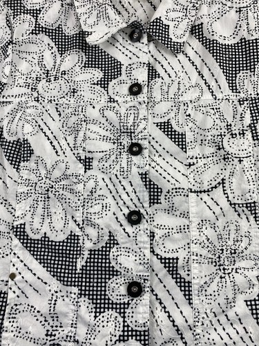 Blusa Floral Allison Daley Blanco y Negro Talla 12 Bolsillos Ojales Manga 3/4 Botón - Imagen 11 de 13