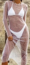 women size S Sheer mesh Pearl Rhinestone Midi Cover Up Overlay Dress long sleeve