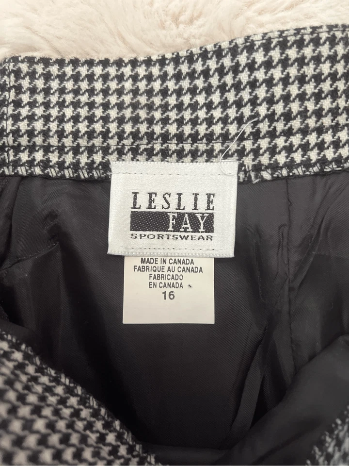 Falda midi vintage años 80 Leslie Fay mezcla de lana pata de gallo negra/blanca Foto 3 de 4