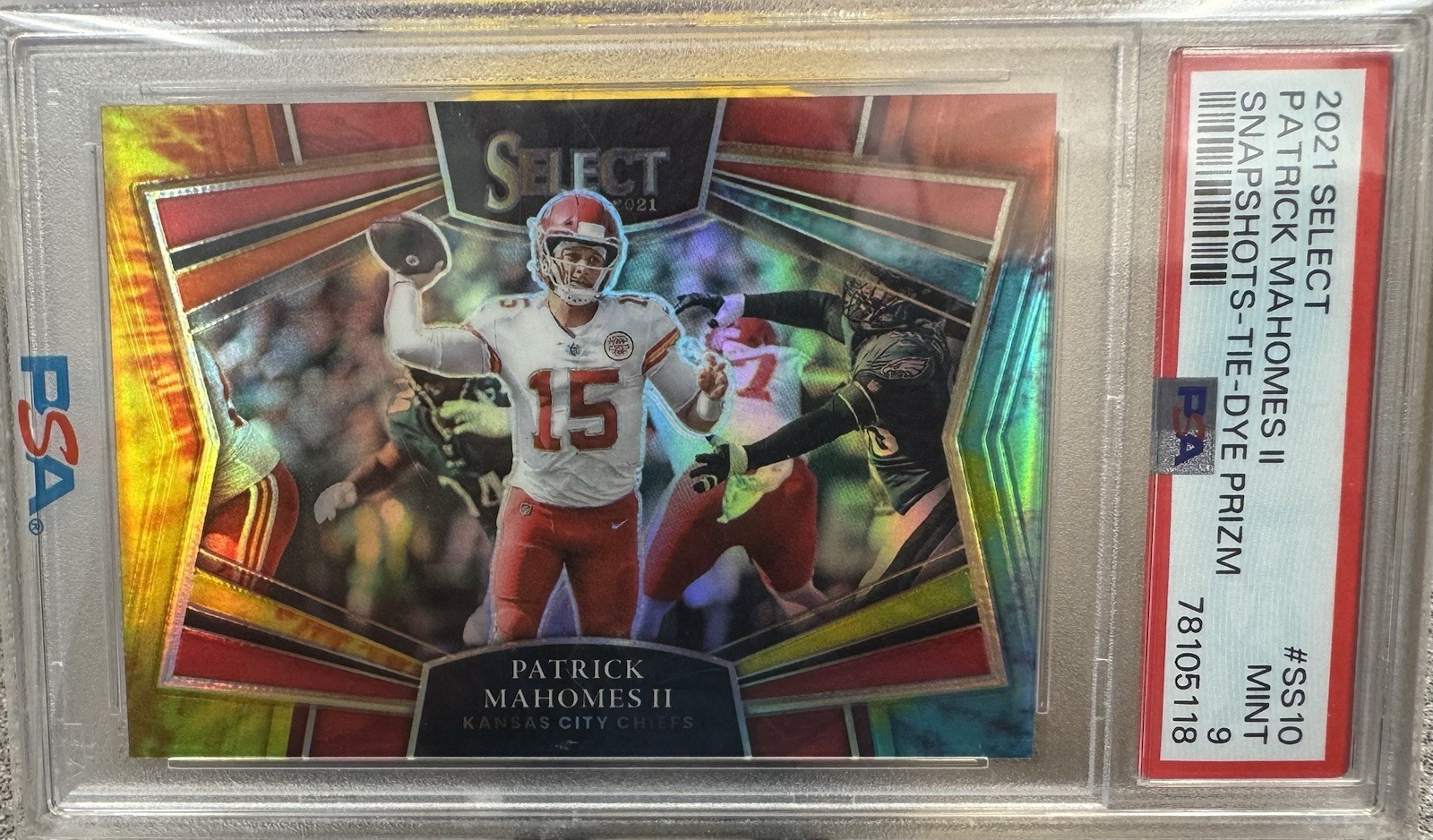 2021 Panini Select Snapshots Tie-Dye Prizm Patrick Mahomes II Chiefs /25 PSA 9