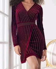 Windsor Elegant Burgundy Studded Long Sleeve Wrap Dress Sz M