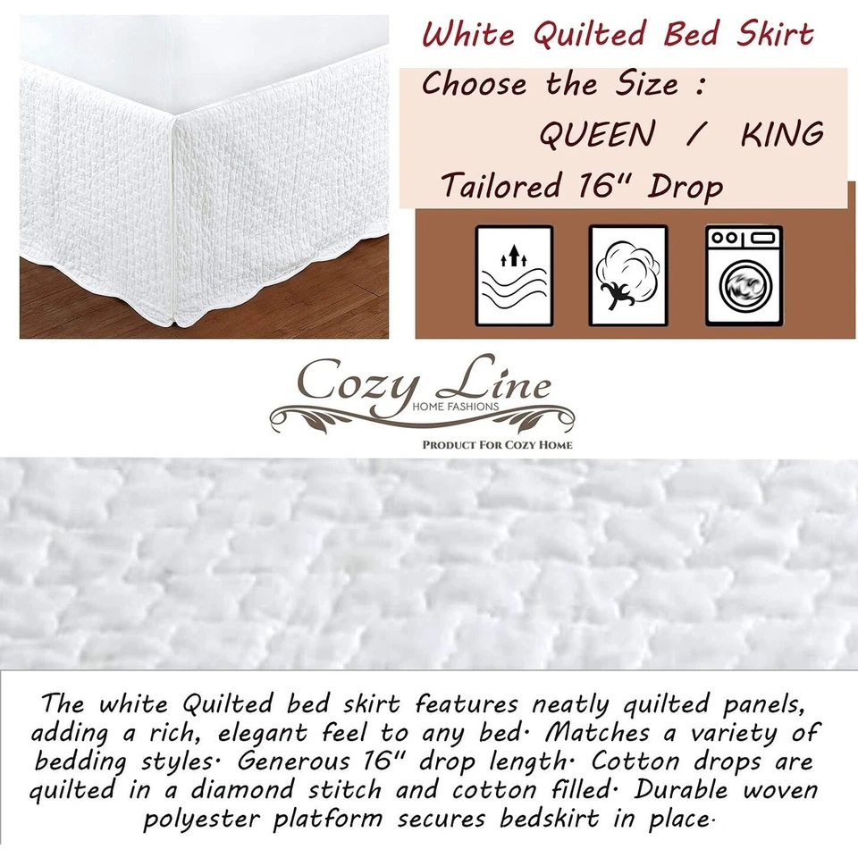 White Quilted Bed Skirt Dust Ruffle Matelasse Tailored 16" - Image 2 of 3