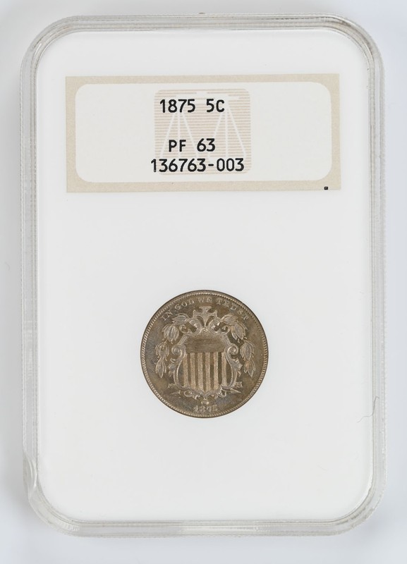 Certified 1875 Shield Nickel NGC PF63 Proof 5c