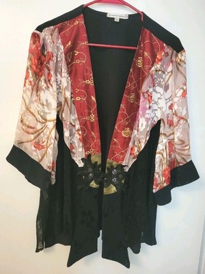 Spencer Alexis Kimono Top Brocade sheer Lace Lagenlook Floral BOHO Black 2X