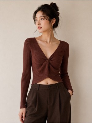 Abercrombie & Fitch Ribbed Twist-Front Crop Top - Chocolate Brown NWOT