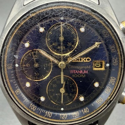 Seiko Chronograph Watch Men 38mm Blue Dial Titanium Date Alarm