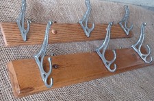 PAIR Vintage Ornate Iron Wood Antique Coat Hat Rack Hooks Hanger Oak