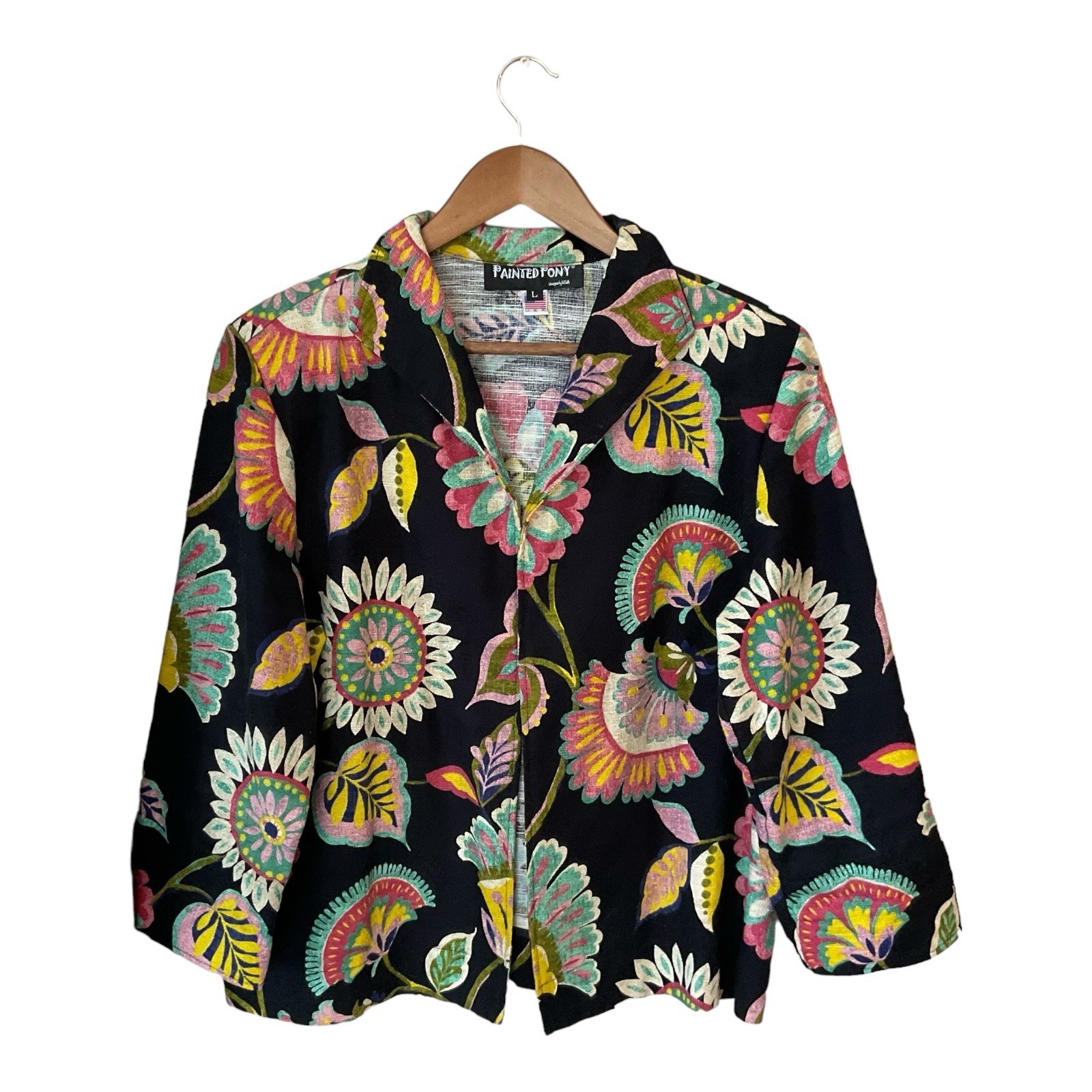 Giacca floreale pony dipinta L USA zip cotone arazzo boho arte popolare collo scialle