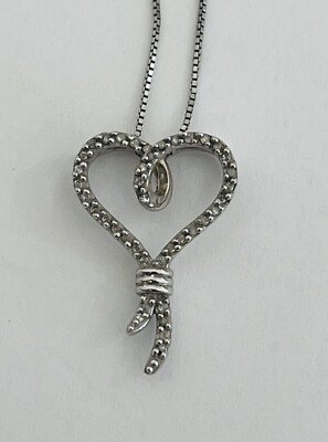 Vintage Diamant Herz Seil gebunden Sterlingsilber signiert Anhänger Halskette 18''
