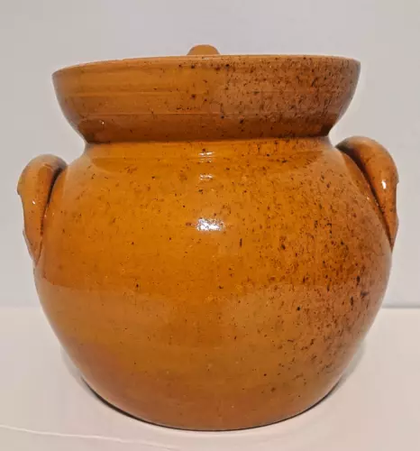 Vintage JugTown Ware Pottery Bean Pot with Lid Orange Glaze