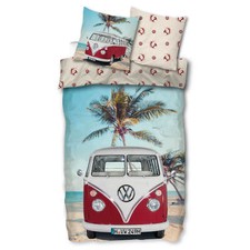 Bettwäsche Surfer Strand Skybrands Volkswagen VW Bulli T1 Palmen Rot Renforcé