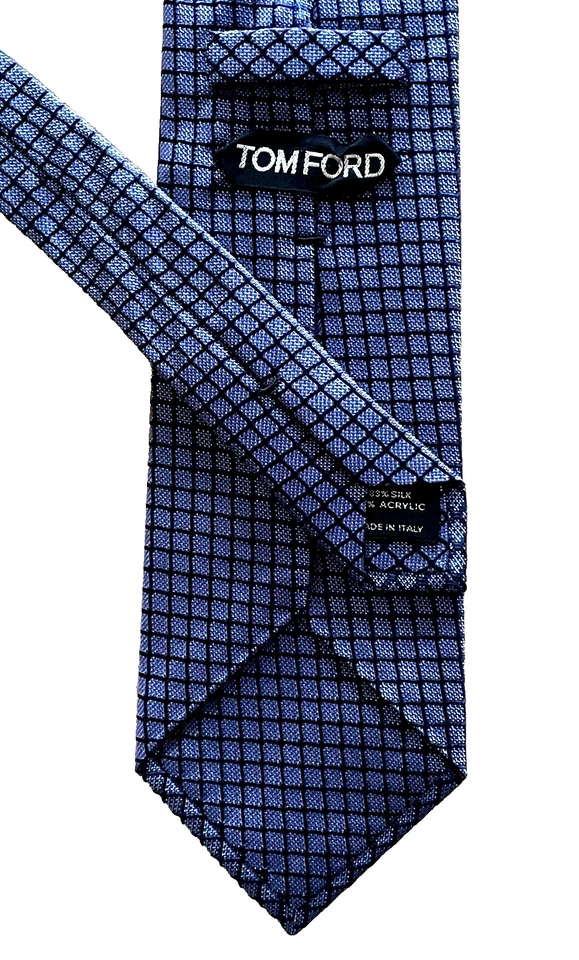 $250 NUEVO SIN ETIQUETAS TOM FORD Corbata de cuello acrílico seda azul oscuro a cuadros para hombre 3,9" Italia Foto 3 de 4