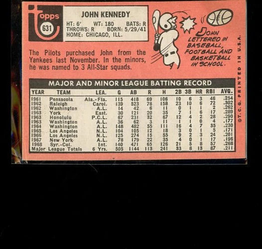 1969 TOPPS John Kennedy Baseball card #631 Pilots - Image 2 of 2
