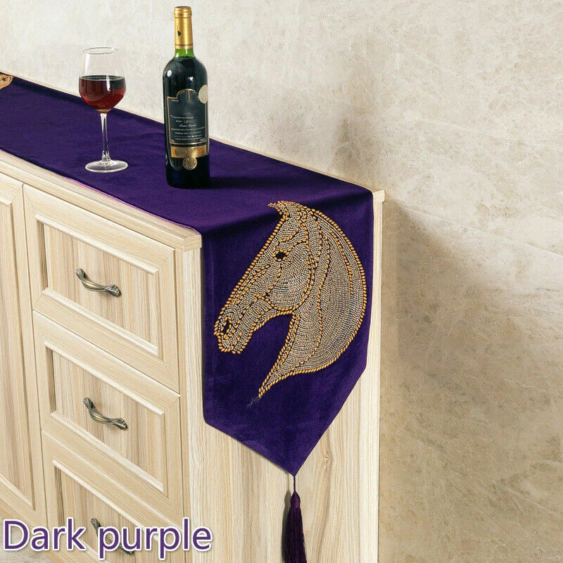 Velvet Table Runner Bed Runner Diamante Tassels Horse Pattern Decor Vintage - Image 3 of 4