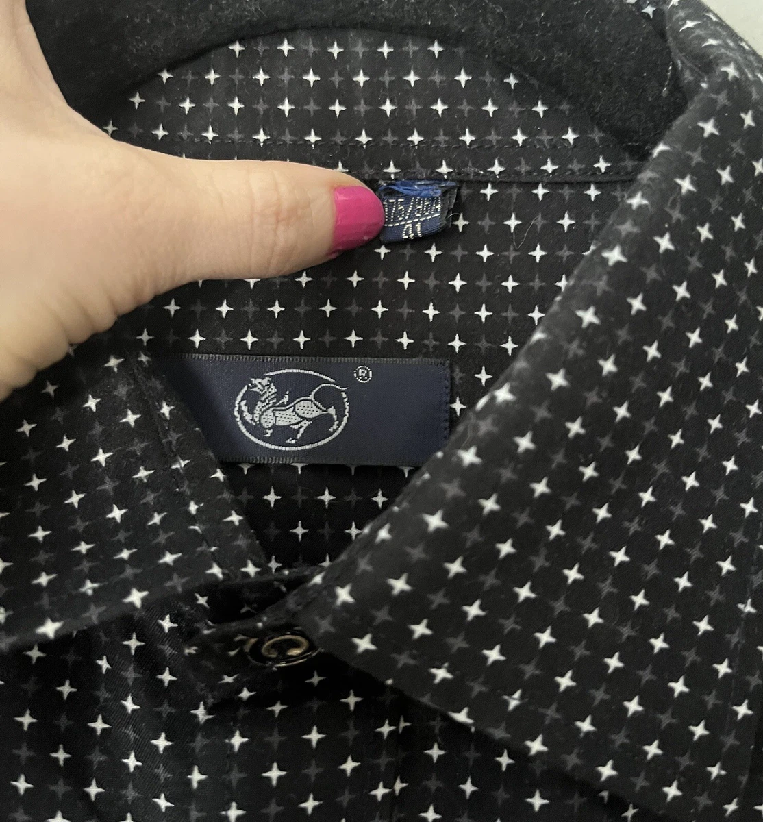 Men’s Button Up Dress Shirt Black Star Pattern Print Long Sleeve Size L