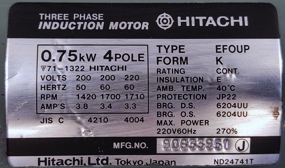 モーターHITACHI37Kw4pole中古 Hitachi EFOUP 71-1322 90633951 220 V 3.8 A 1710 RPM Induction