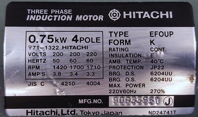 Hitachi EFOUP 71-1322 90633951 220 V 3.8 A 1710 RPM Induction