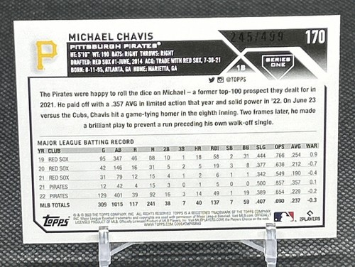 2023 Topps Serie 1 Michael Chavis #170 Green Ice Foil Parallel #’d /499 Pirates - Foto 4 di 5