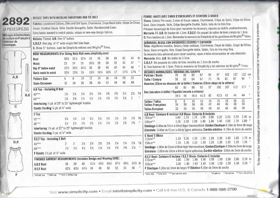 Simplicity Pattern 2892, 6 Easy Tops - Misses Size  H5 (6 - 14) - Uncut - Image 2 of 2