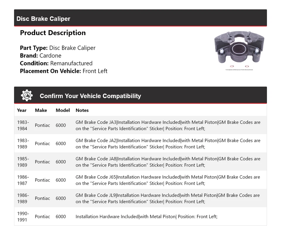 Штангенциркуль переднего левого дискового тормоза для Pontiac 6000 1983-1991 годов выпуска 1984 1985 1986 годов выпуска - Изображение 2 из 4