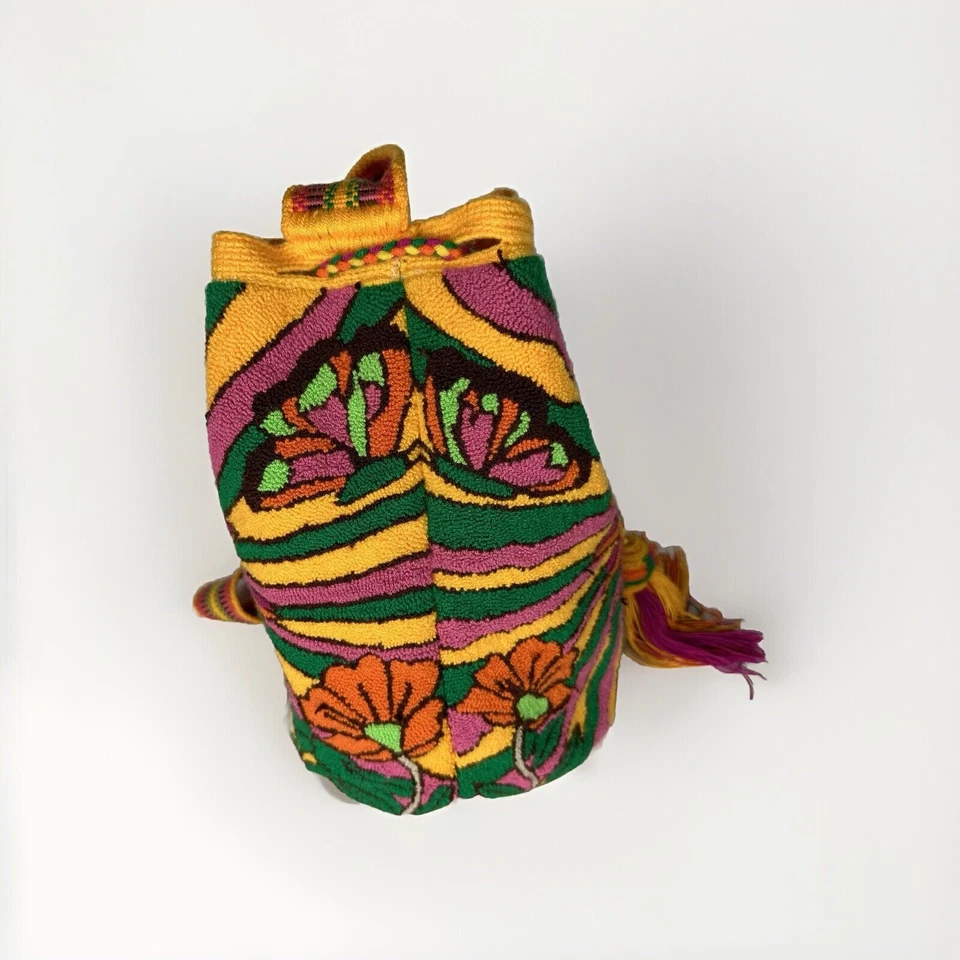 Wayuu Mochila Crossbody Bag Columbian Handmade Lined Butterflies Flowers Sun - Image 4 of 4