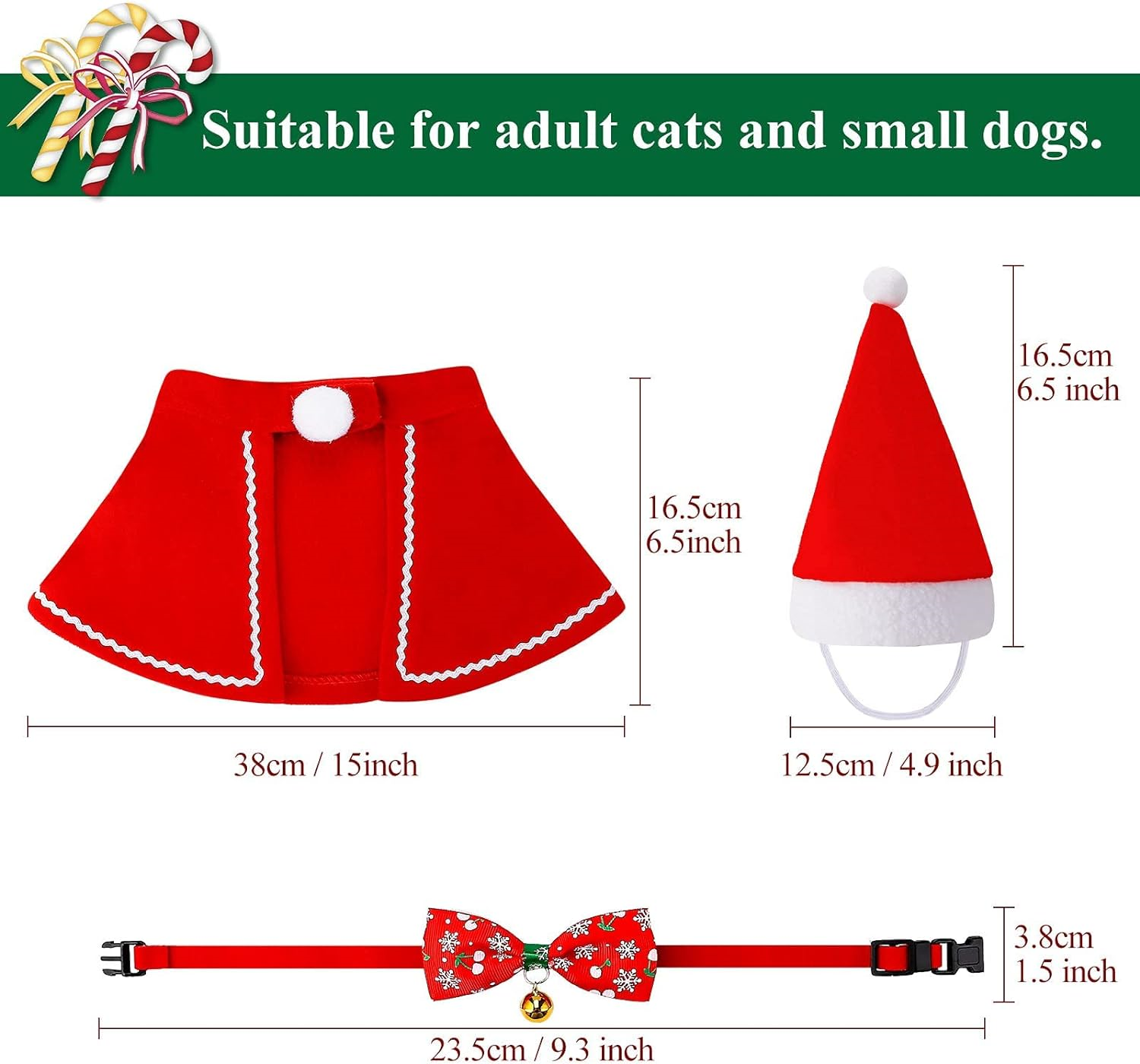 3pcs Christmas Cat Outfit, Dog Christmas Costume with a Pet Cape, an