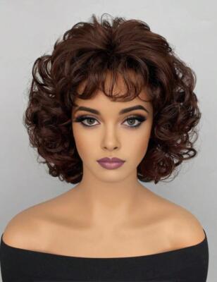 Women's Synthetic Wig Brown Short Curly Hair With Bangs Suitable