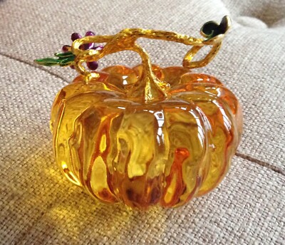 APPLE glass decorative pumpkin paper weight gift w/box gold stem green leaves