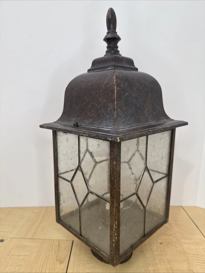 De colección 19" Bronce Coach Linterna Poste Luz Plomo Diamante Vidrio Exterior Patio Foto 3 de 4