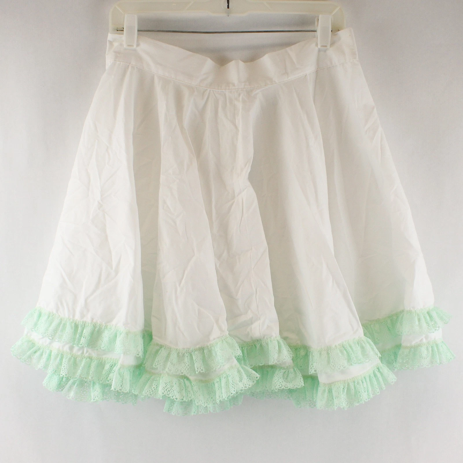 Vintage Handmade 32" Waist White/Green Lace Trim Cotton Petticoat Skirt